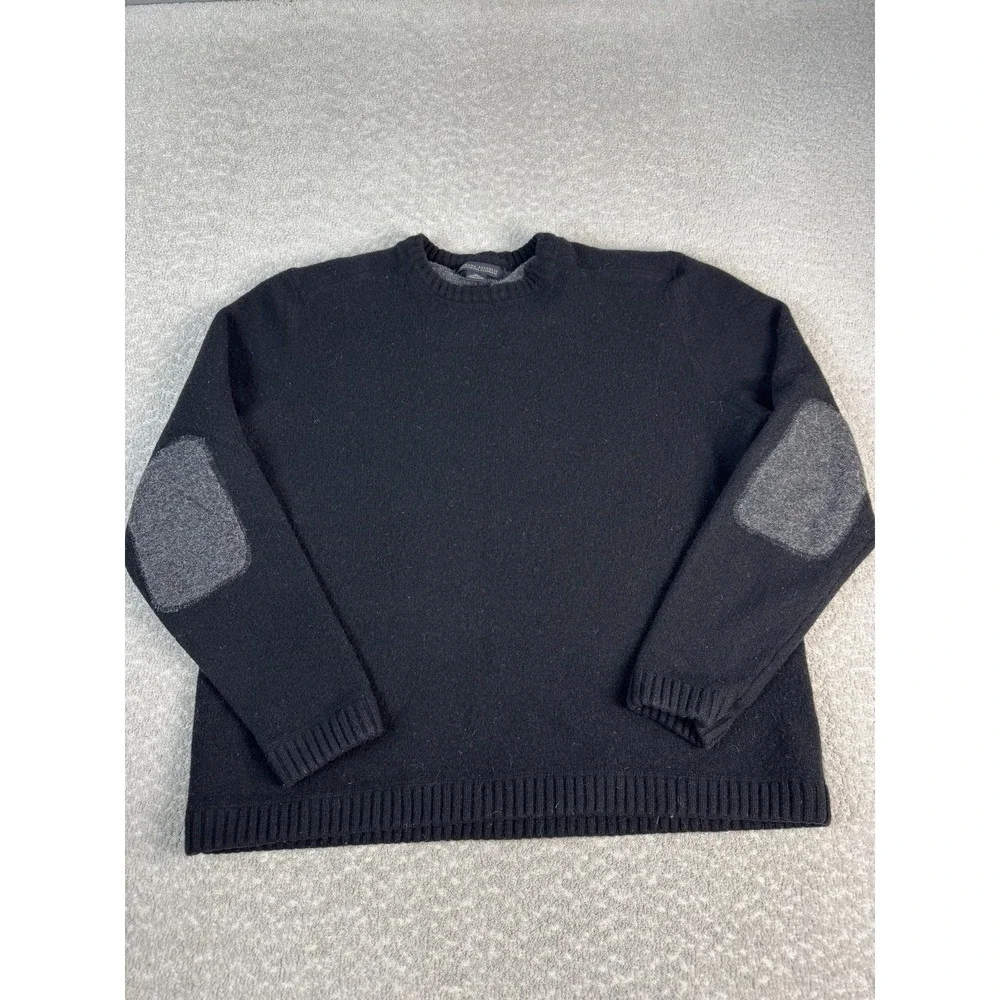Banana Republic Sweater Mens L Black Lambswool Cashmere‎ Elbow Patch Crewneck